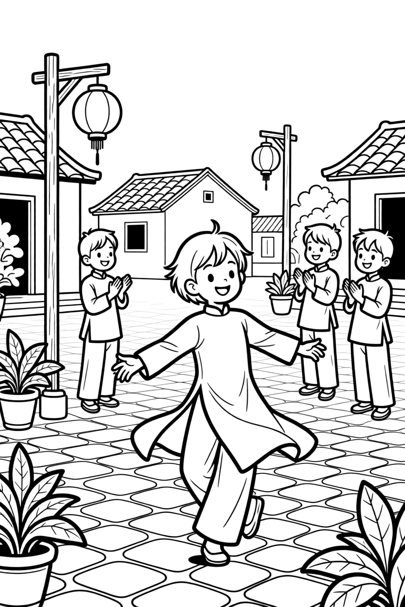 A coloring page from Vietnam showing a child wearing a flowing ao dai tunic over wide trousers, twirling happily in a village square while friends look on and clap.