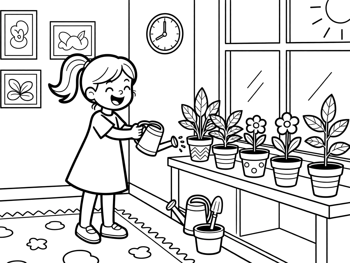 an excited young girl waters classroom plants lined up along a sunny windowsill.
