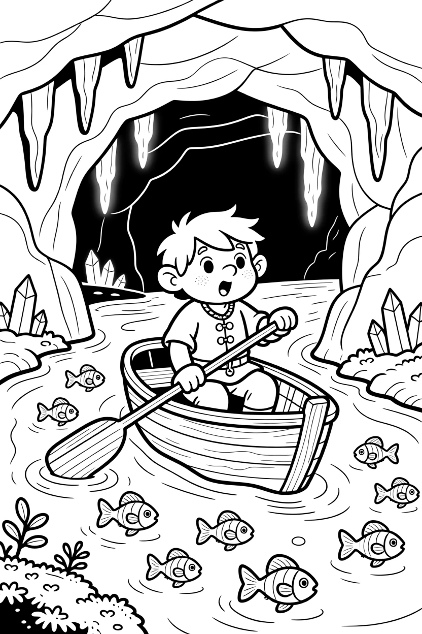 A curious dwarf discovers a hidden underground river glowing with bioluminescent fish, paddling a small wooden boat past glittering stalactites.