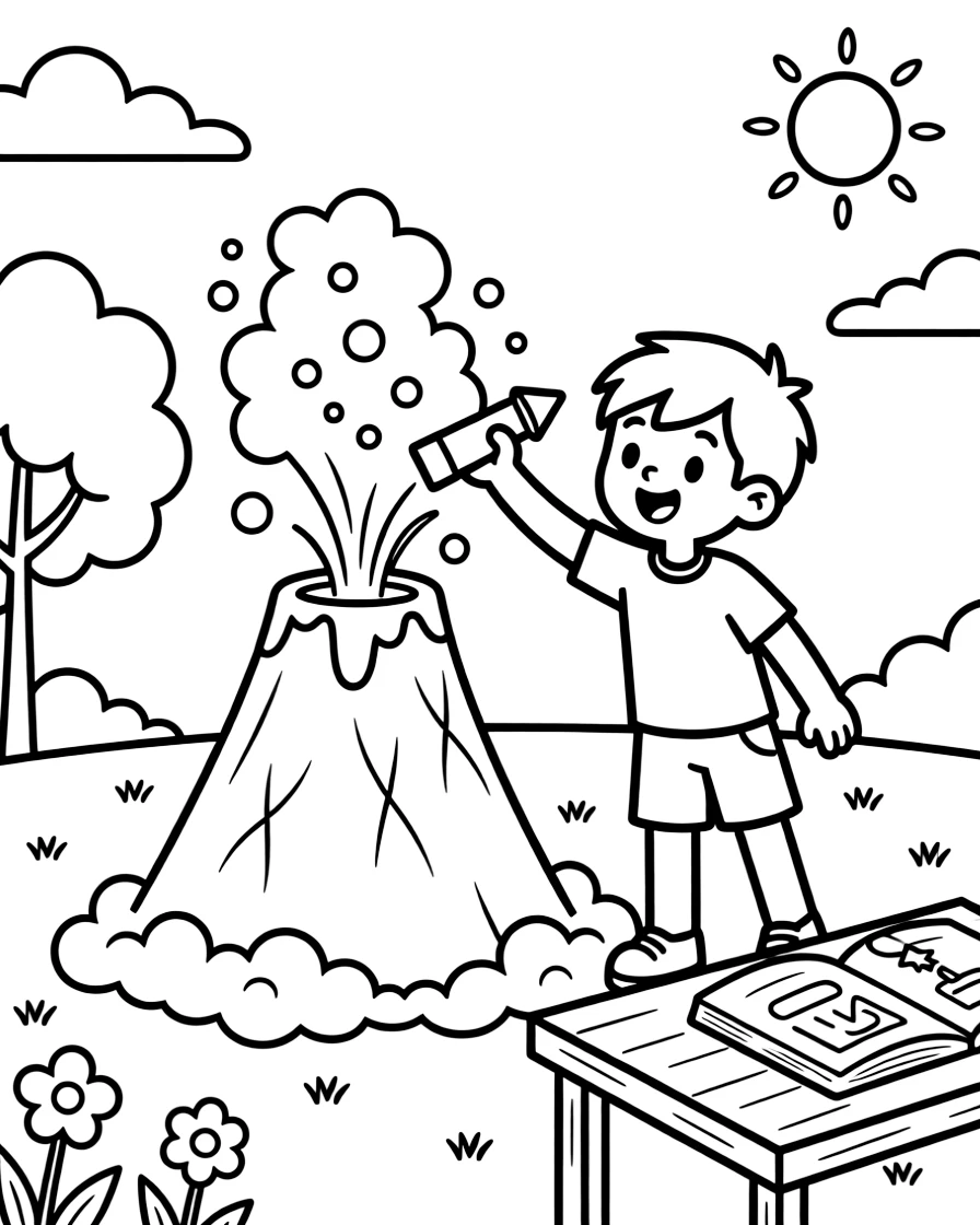[Science Experiments] a kid launching a baking-soda volcano observing a small eruption of foam in a sunny backyard. In the background, a notebook records careful observations, adding extra fun to explore. Bubbles and fizz add fun texture to color. It all happens just after a rainstorm, with dust kicked up by the wind.