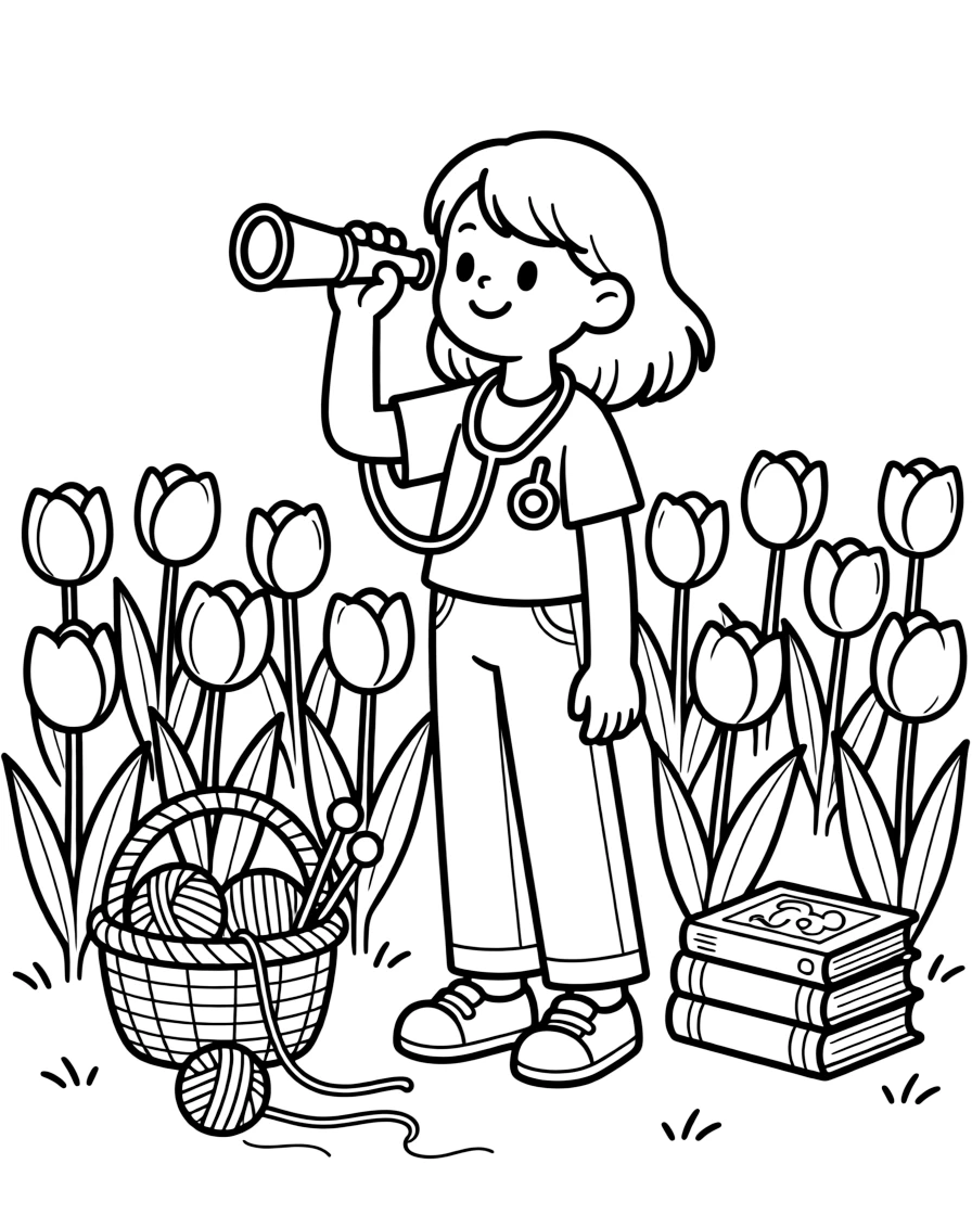 A girl veterinarian holding a tiny stethoscope is stargazing through a small brass telescope in a tulip field in full bloom. Scattered nearby, a basket of yarn and knitting needles nearby and a stack of well-loved picture books nearby give the moment a cozy feel.