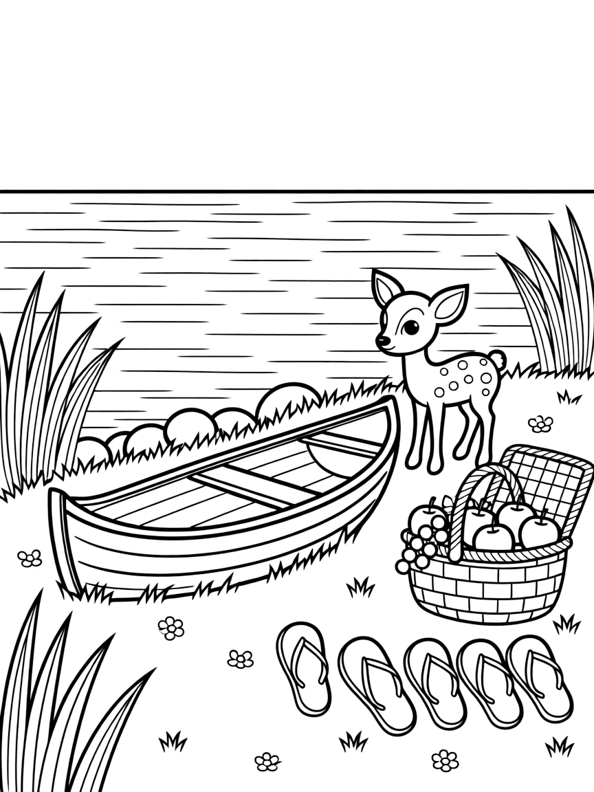 A canoe resting on the shore of a calm lake by a sparkling lake surrounded by tall grass, while a spotted fawn looks on nearby, a picnic basket packed with fruit and a row of colorful flip-flops completing the scene.