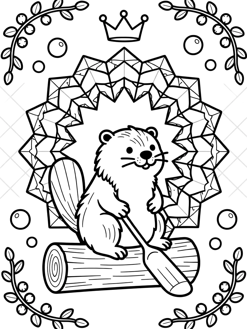 Woodland Animals: The design turns a beaver with a paddle-shaped tail resting on a log into a kaleidoscope-style composition anchored by a crystal-facet mandala built from angular repeating shapes. The imagery is multiplied into a circular burst of matching pieces that rotate evenly around the page's center point. Decorative details fill the surrounding space, including a grid of lattice diamonds, clusters of round bubbles, and twisting berry-vine garlands woven throughout the background. A playful extra touch completes the page: a small crown resting just above the center of the design.
