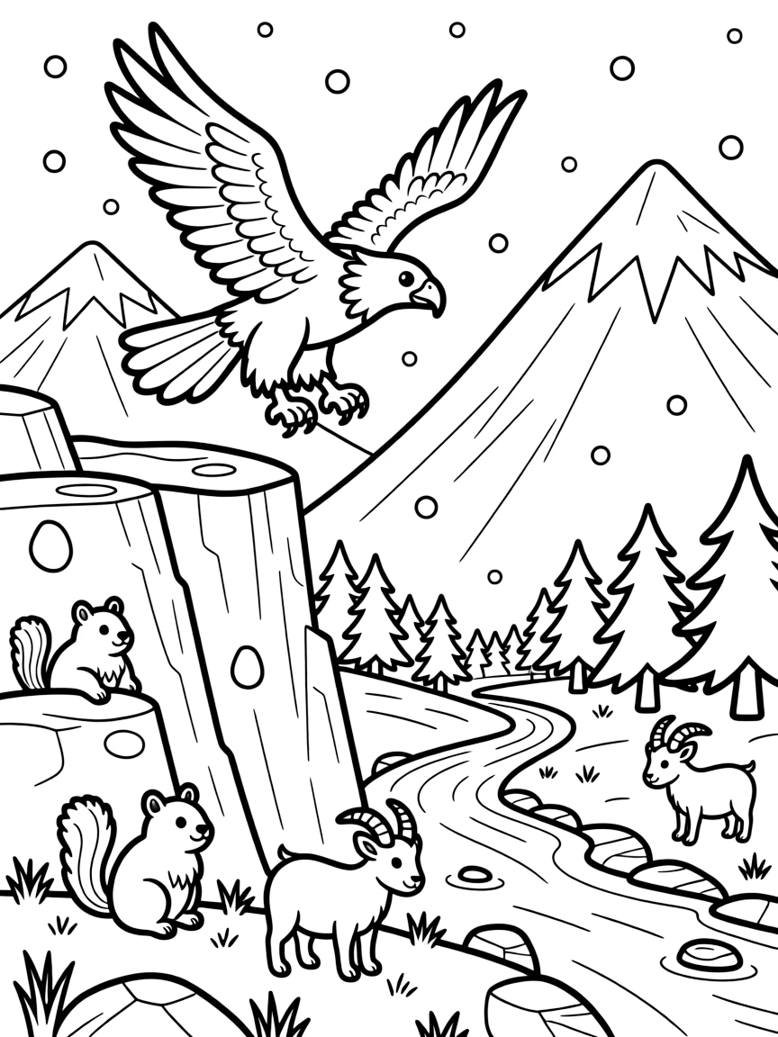 [Mountain Peaks] An eagle soars above jagged cliffs, wings spread wide against the towering mountain backdrop. Below, marmots poke their heads out from between the rocks, watching a family of goats graze nearby. Snow-capped peaks tower over a valley filled with pine forests and a winding river below. Fresh snowflakes drift down over the mountainside, dusting the rocks and pine branches.