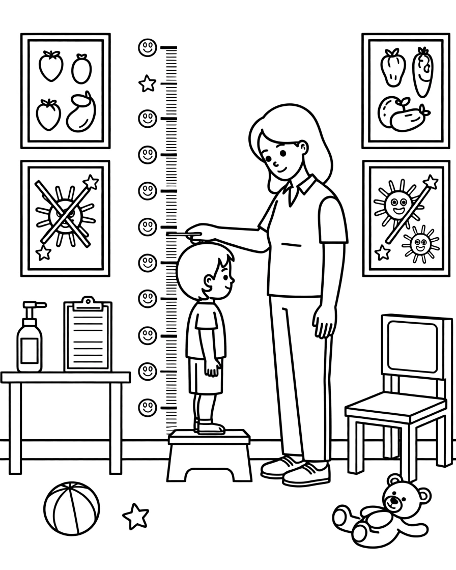 A community health worker measures a child's height against a growth chart on the wall.