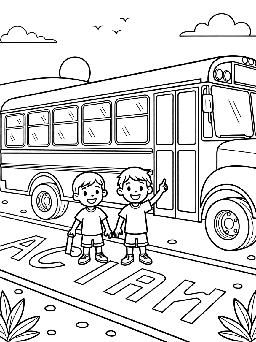 Twin brothers practicing letters with chalk at a school bus as the sun sets in orange and pink.