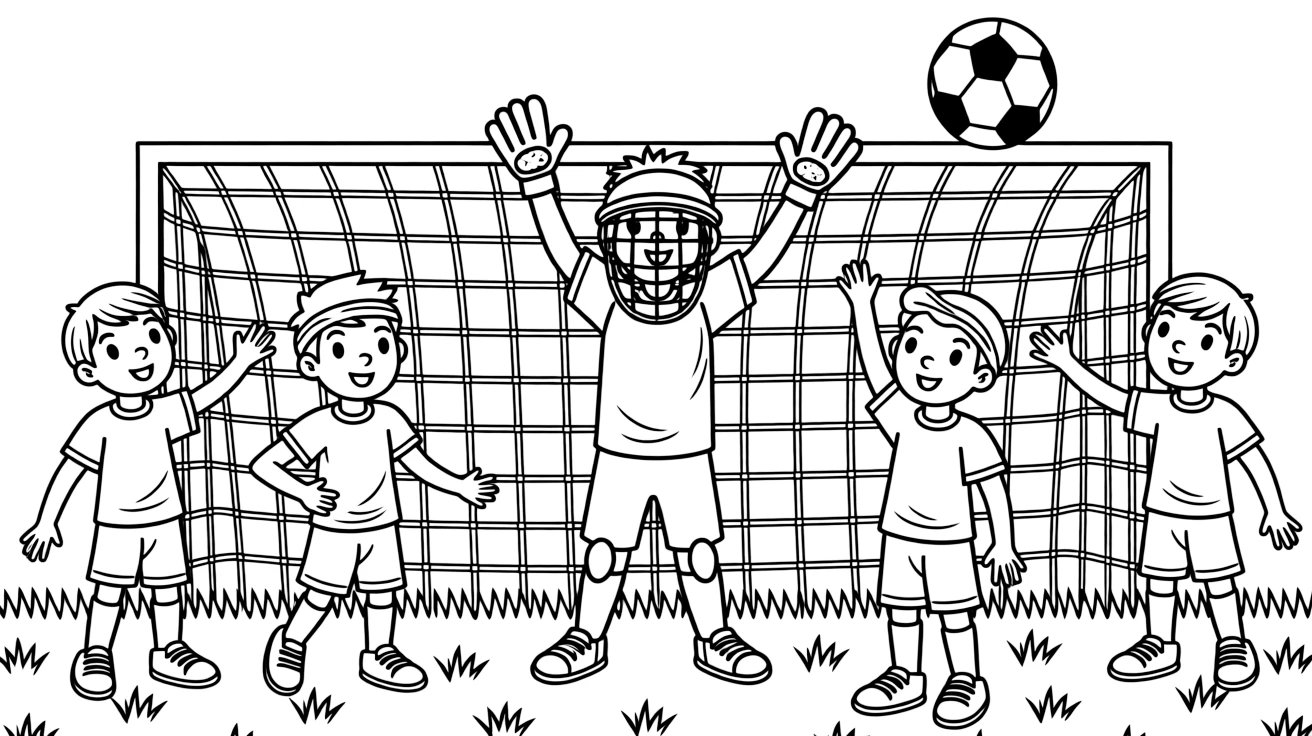 A team of neighborhood kids, guarding the goal in a padded jersey and mask, glove raised to snag a shot.