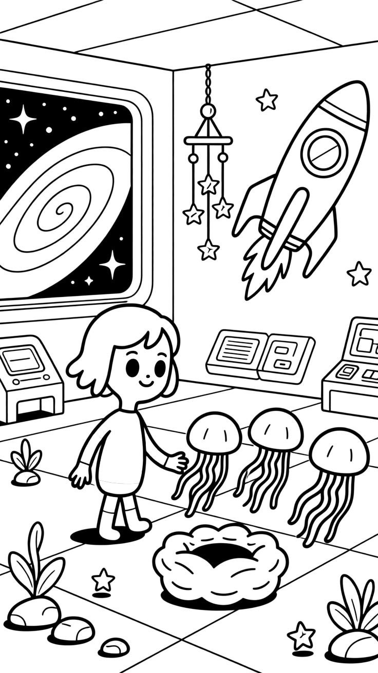 Sprocket, an alien with rainbow-striped skin herding a flock of floating jellyfish-like creatures back to their nest, in a research base at the edge of a swirling nebula, with a mural of a rocket ship painted on a nearby wall and a wind chime made of tiny metal stars nearby.
