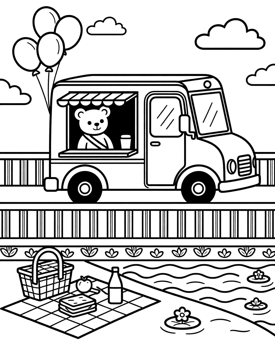 In this scene, a food truck with a fold-out ordering window is the star of a long bridge stretching over a sparkling river, joined by a teddy bear buckled safely into the passenger seat, with balloons tied to the rearview mirror and a picnic basket and blanket spread out nearby scattered throughout for kids to color.