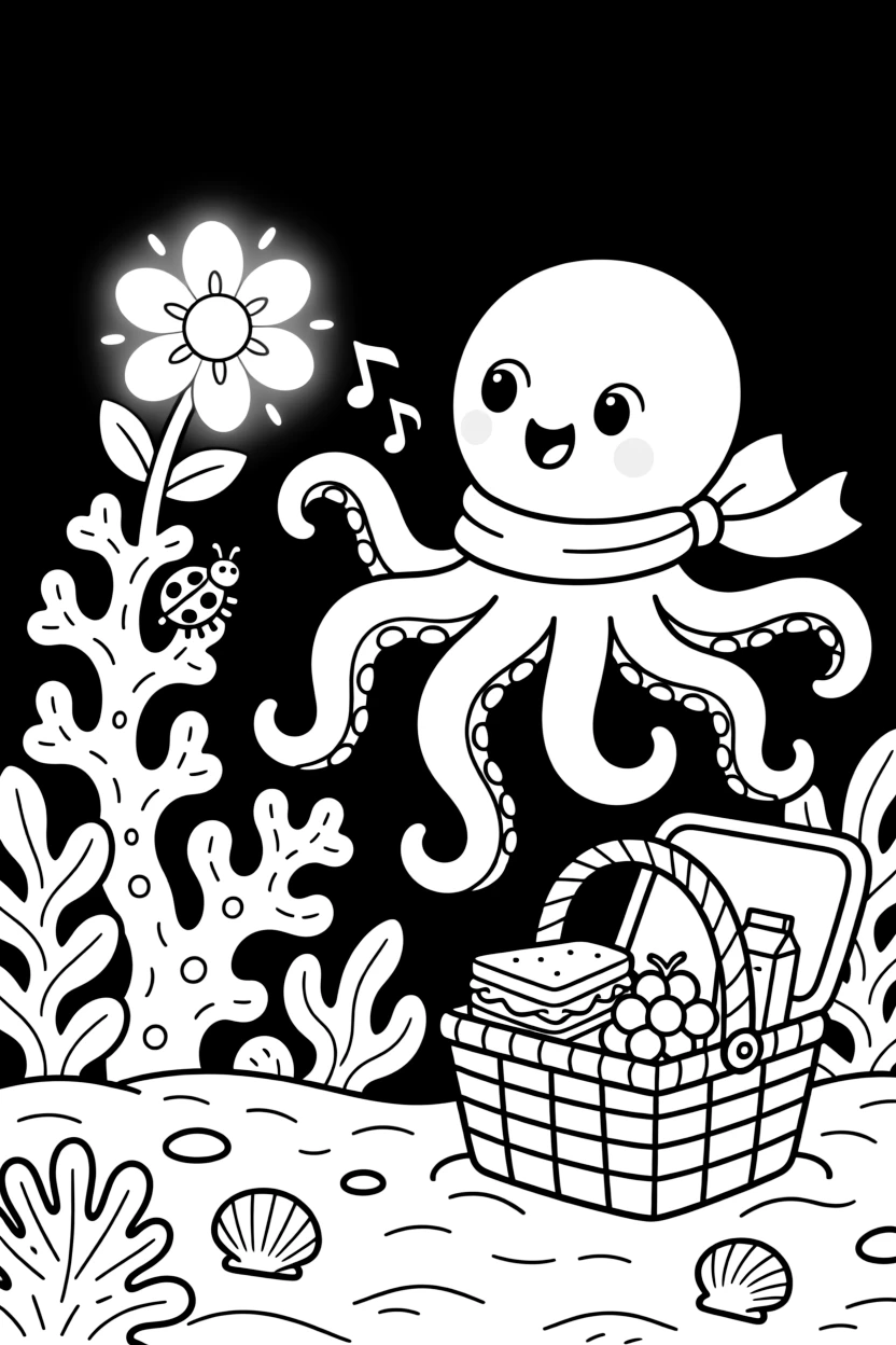 A friendly octopus singing a cheerful tune with a ladybug in a coral reef, near a magical glowing flower, with a picnic basket full of treats nearby.