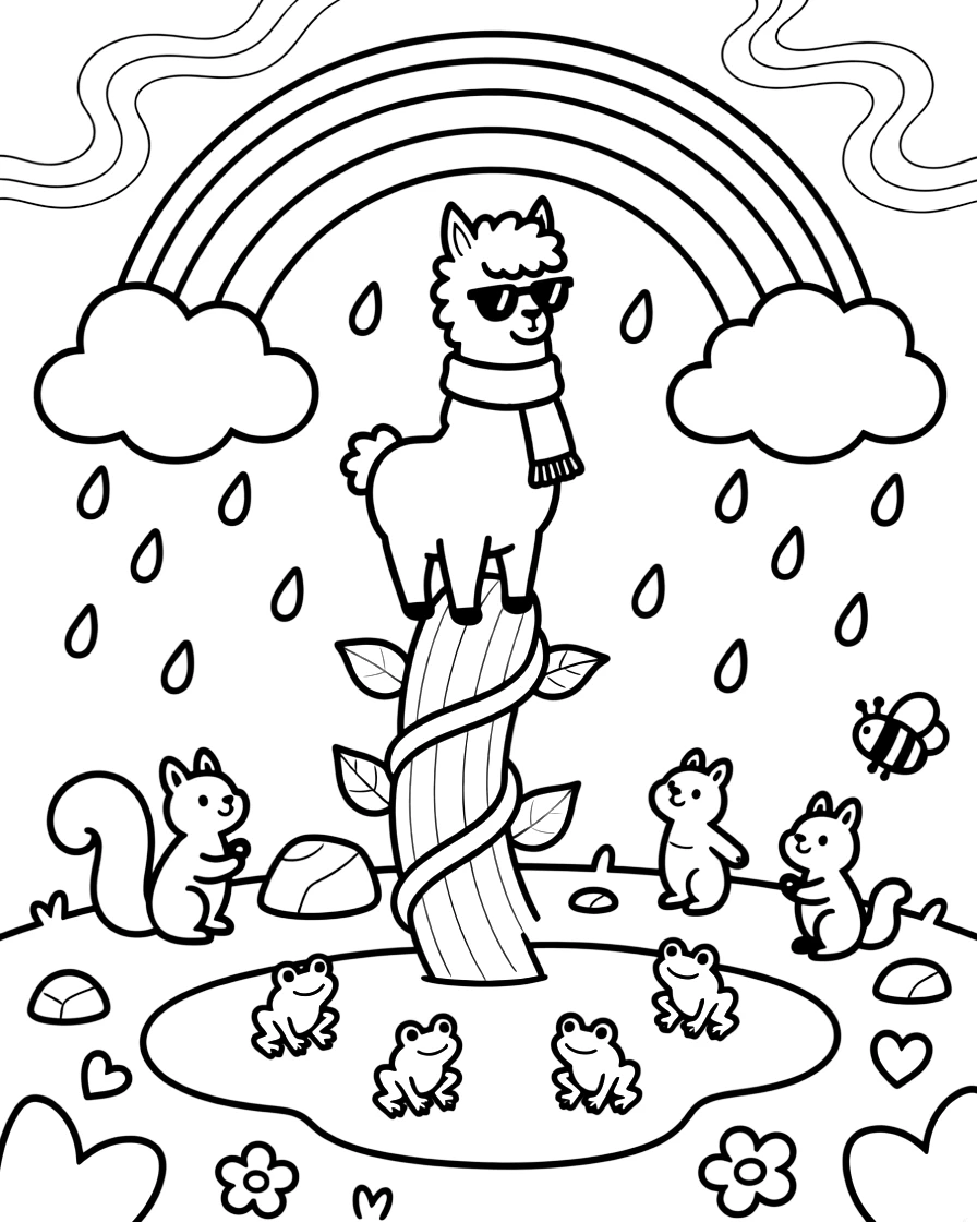 On top of a rainbow after a summer rainstorm, a silly llama fashionista discovers the joy of climbing to the top of a beanstalk that reaches the clouds, while a puddle full of jumping frogs watches happily nearby. Every creature nearby wants to join in the fun.