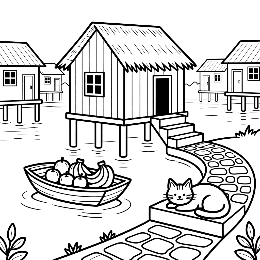 A coloring page from Vietnam showing a stilt house on a river with a small wooden boat loaded with fruit, surrounded by neighboring buildings, a cobblestone path, and a friendly cat resting on a step.