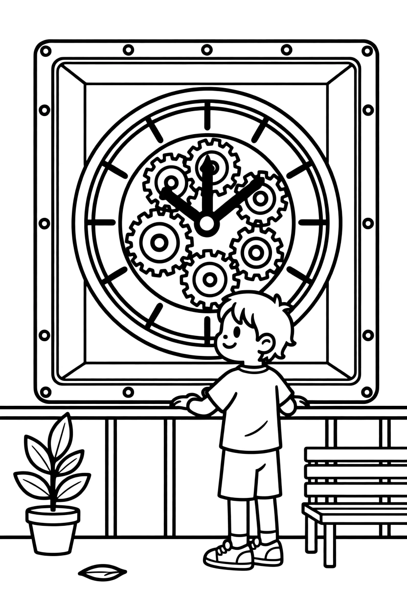 a proud small child watches gears turn in a giant see-through clock exhibit.
