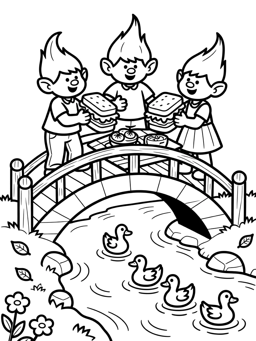A cheerful troll family has a picnic on top of their bridge, sharing giant sandwiches while a line of ducks waddles beneath them in the stream.