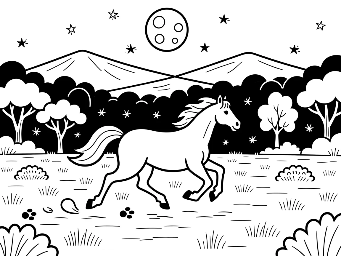 [Wild Animals] a galloping wild horse running across an open savanna in a dense green forest. In the background, distant mountains rise on the horizon, adding extra fun to explore. Paw prints trail off across the dusty ground. It all happens under a full moon, with fireflies beginning to glow.