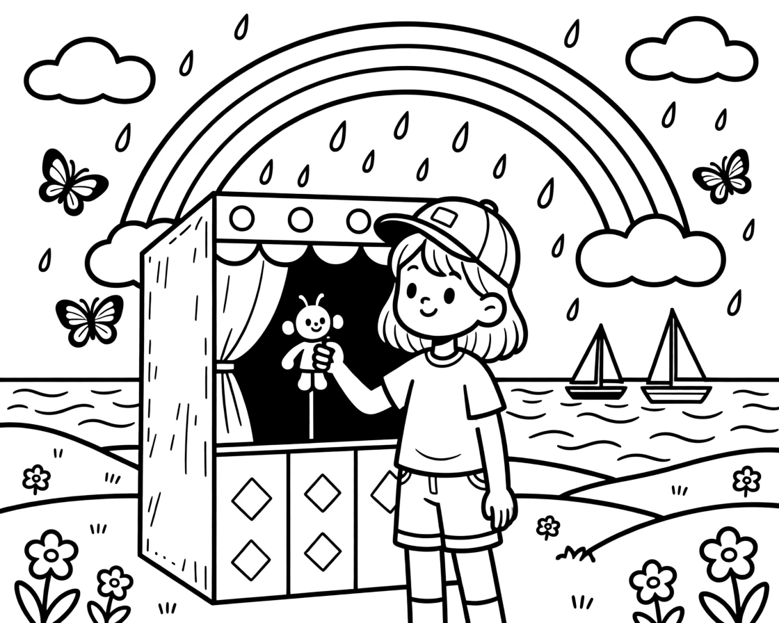 A girl wearing a backwards baseball cap is putting on a puppet show behind a cardboard stage beside a rainbow arching after the rain. All around, fluttering butterflies drifting nearby and little sailboats bobbing on the horizon bring the scene to life.