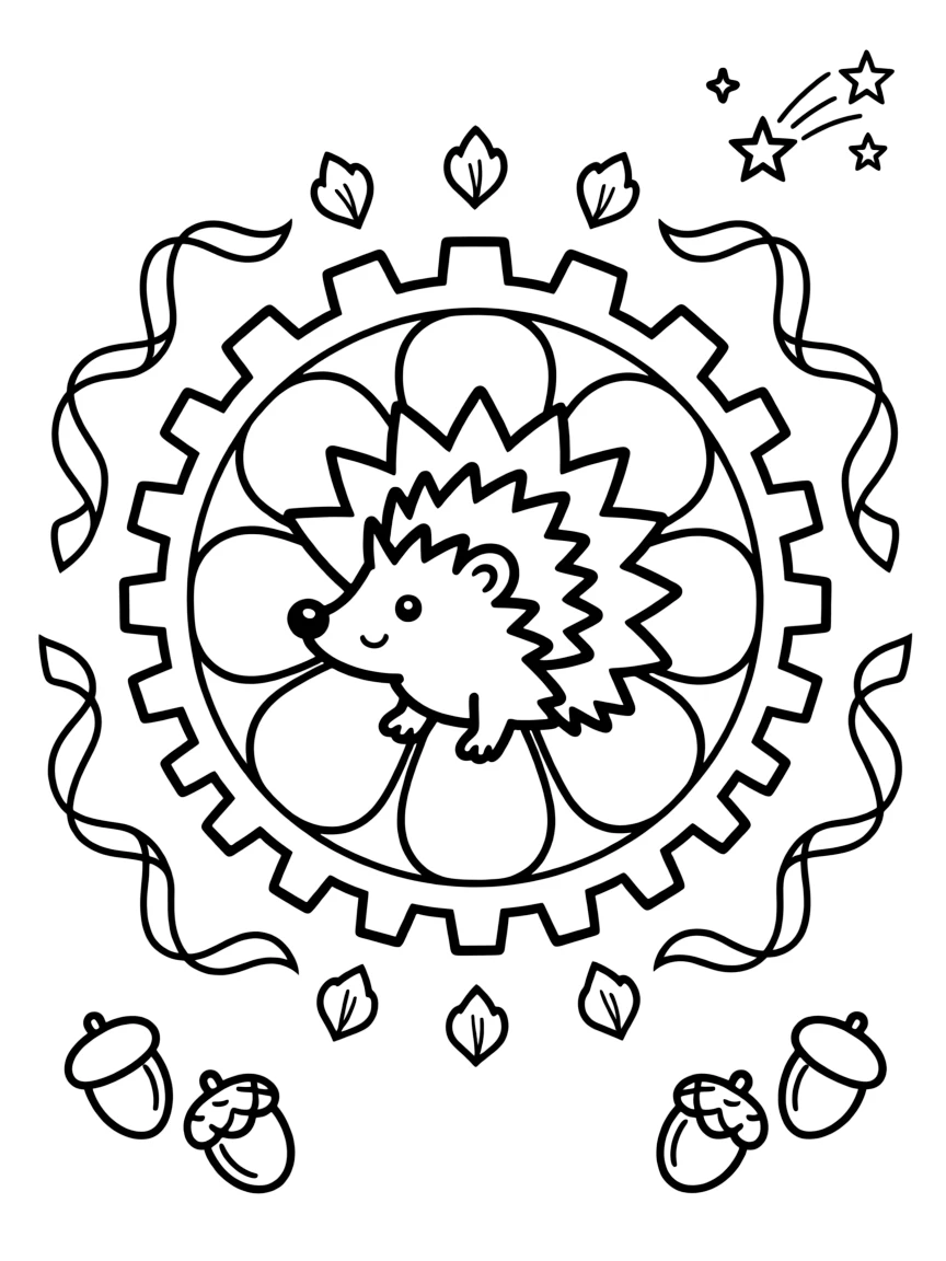 Woodland Animals: The main subject is a porcupine with quills fanned like a sunburst, drawn as the focal point of a gear-wheel mandala with even notches around the rim. It is set at the core of the page, with the pattern unfolding outward in eight matching symmetrical segments. Decorative details fill the surrounding space, including loops of ribbon curling back on themselves, clusters of tiny acorns, and rows of teardrop-shaped petals woven throughout the background. A playful extra touch completes the page: a small cluster of shooting stars tucked into one corner.