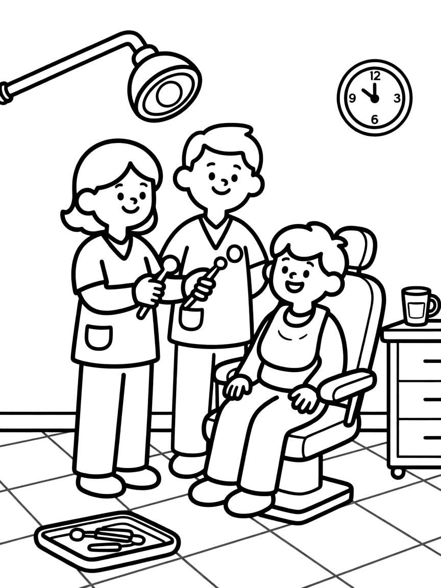 A dental assistant hands tools to a dentist while a patient sits in the chair with a bib.
