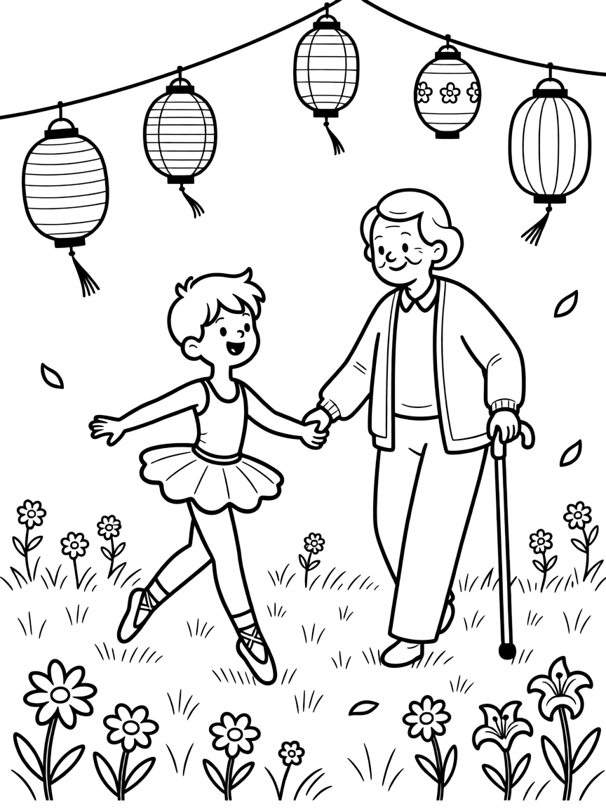 A boy with a missing front tooth dancing ballet together with a grandparent using a cane in a meadow full of wildflowers with paper lanterns swaying gently.