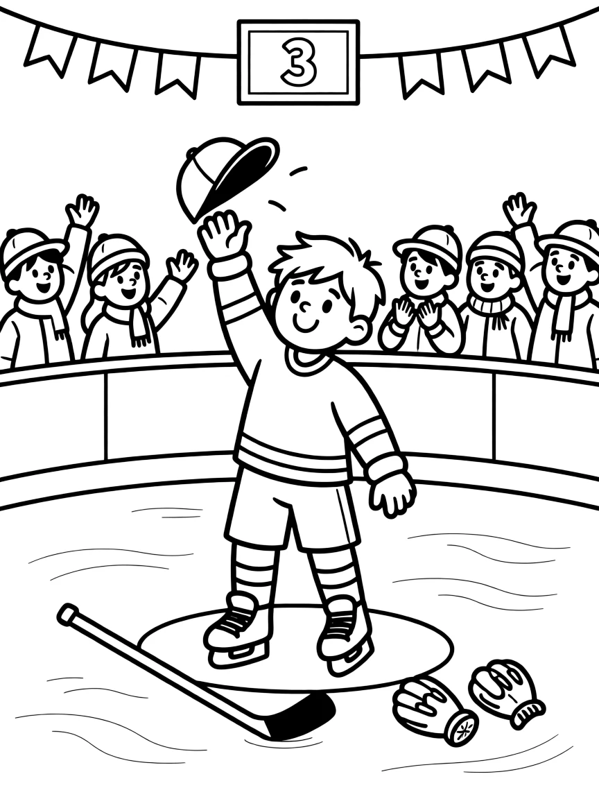 A shy new student, celebrating a hat trick by tossing a cap onto the ice as fans cheer.