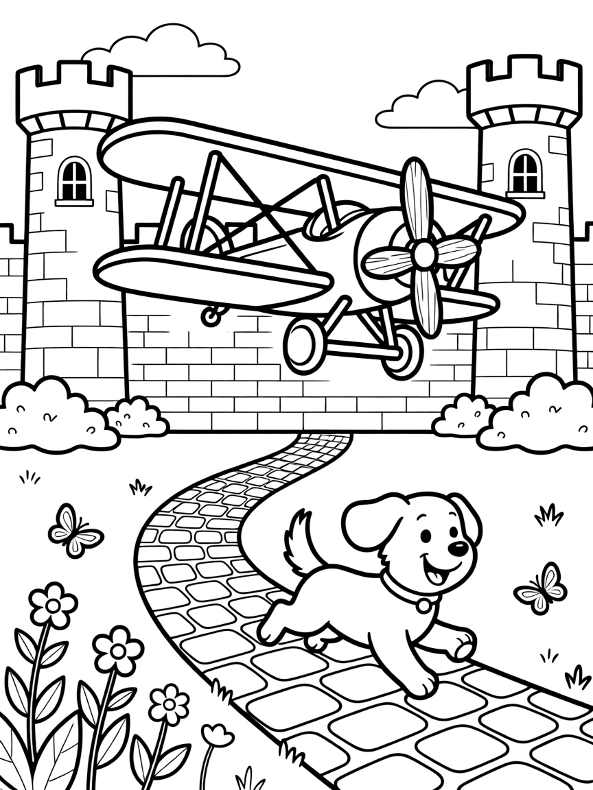A vintage biplane with two stacked wings and a wooden propeller is shown journeying through an old stone castle courtyard with tall towers, with an excited puppy chasing along the road close by and butterflies fluttering near a patch of wildflowers completing the lively scene.