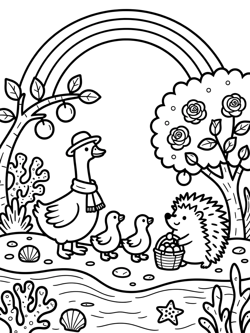 A goose family in a coral reef, harvesting ripe fruit alongside a family of hedgehogs, next to a rose bush, while a rainbow arches overhead.