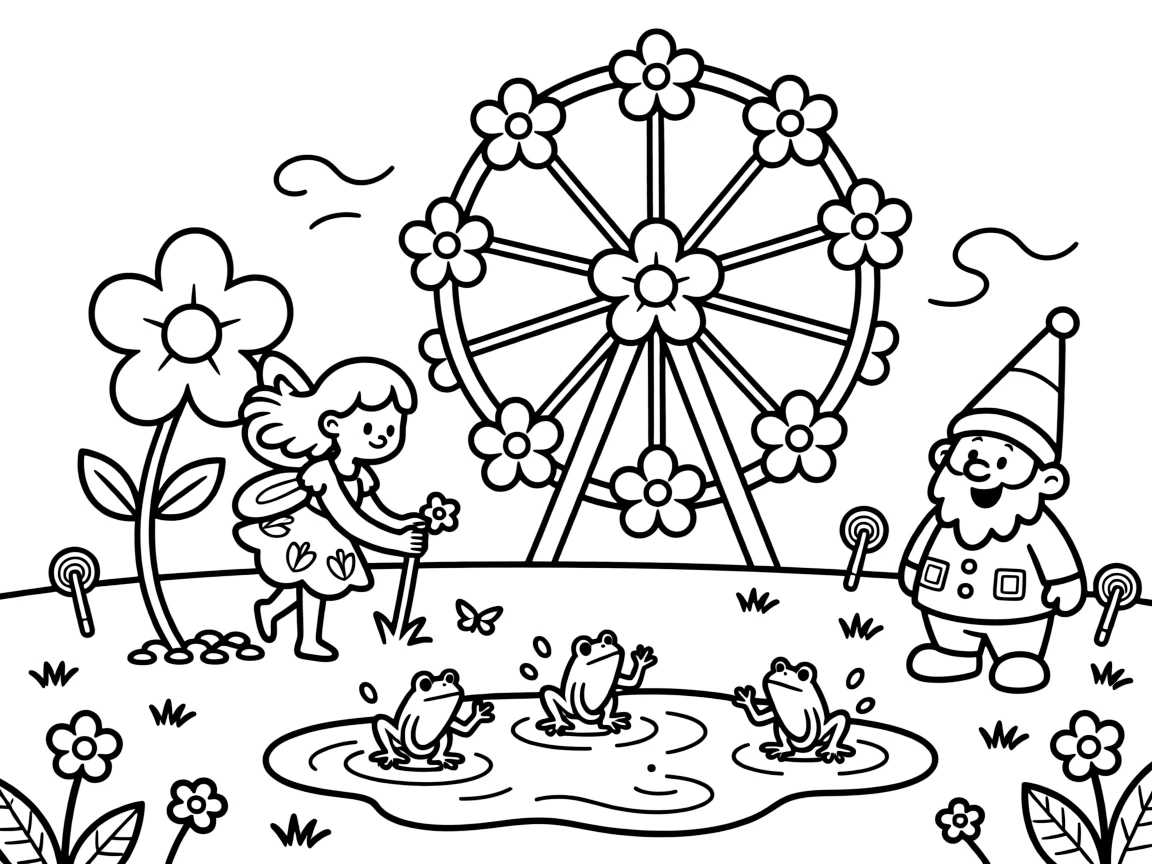 At a carnival with a Ferris wheel made of flowers, a giant spring blossom fairy is busy planting seeds that grow into candy trees, cheered on by a garden gnome tipping his pointy hat and a puddle full of jumping frogs. A gentle breeze carries the sound of joyful laughter.