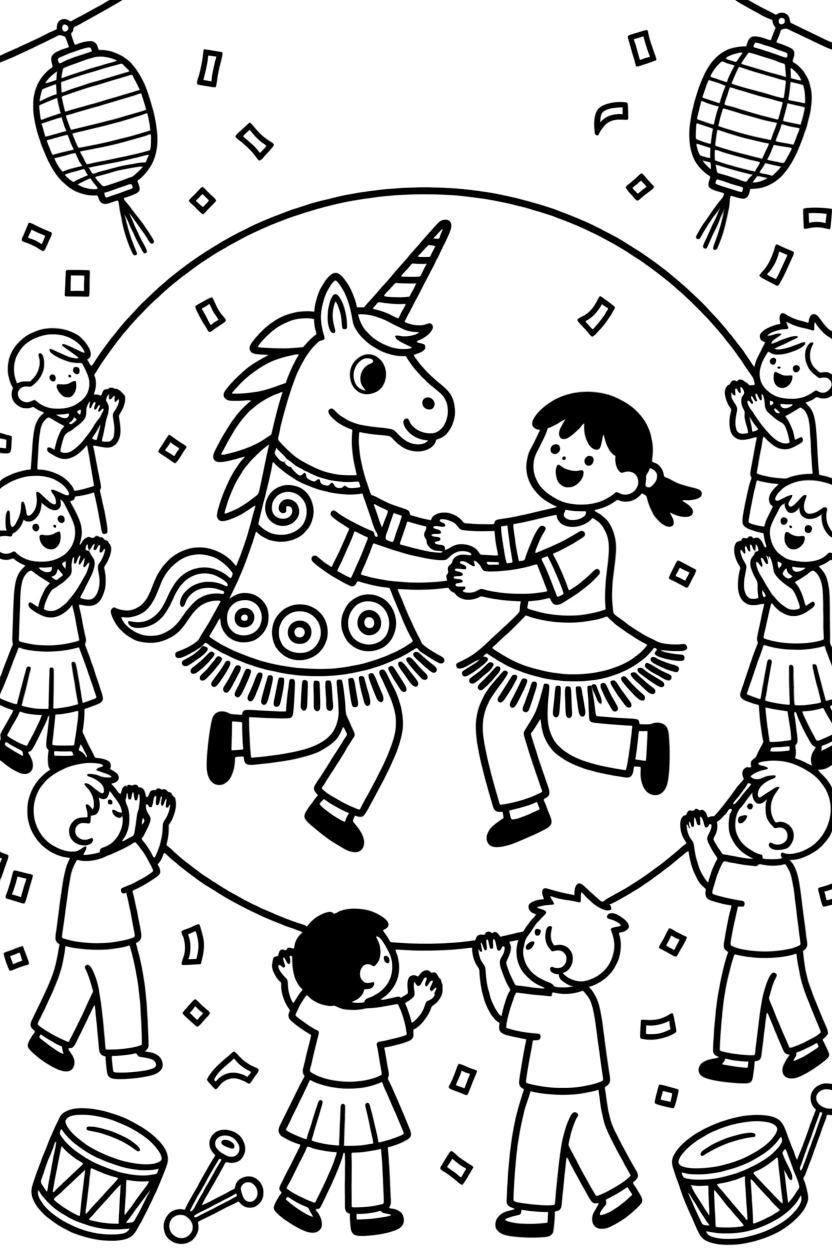 A coloring page bursting with rhythm from Vietnam, showing dancers holding a colorful unicorn costume bobbing through a festival crowd, with an audience of clapping children gathered around in a circle.