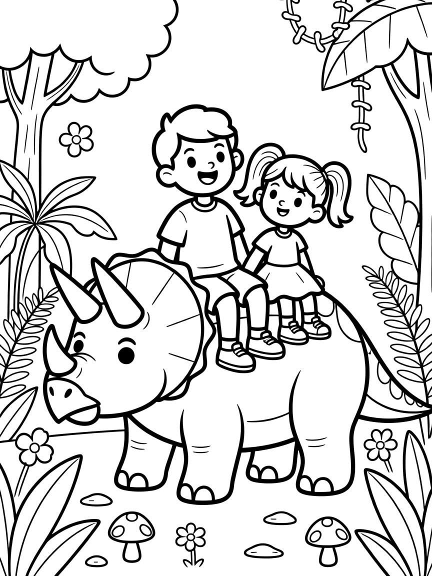a wide-eyed older brother and his little sister rides on the back of a gentle triceratops through a prehistoric jungle.