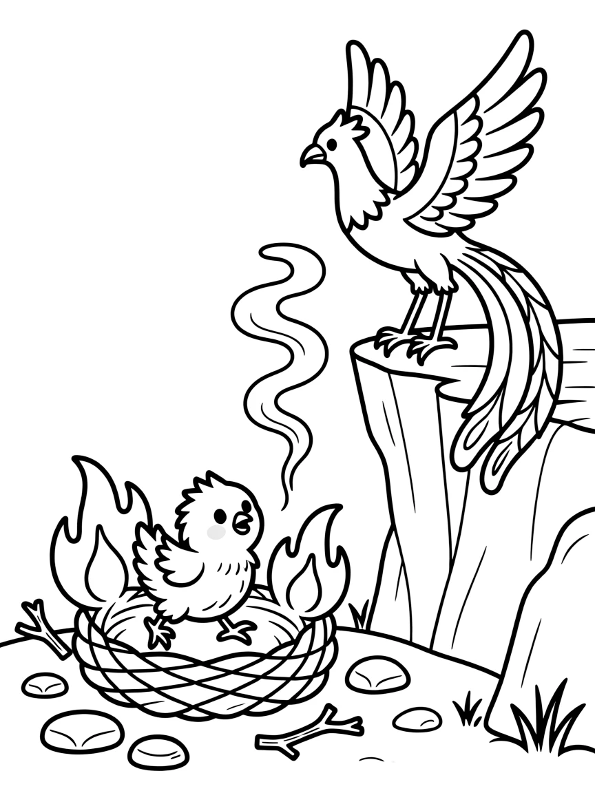 A phoenix chick, still fluffy and small, hops excitedly around its nest of glowing embers, watched over by its majestic parent perched on a cliff.