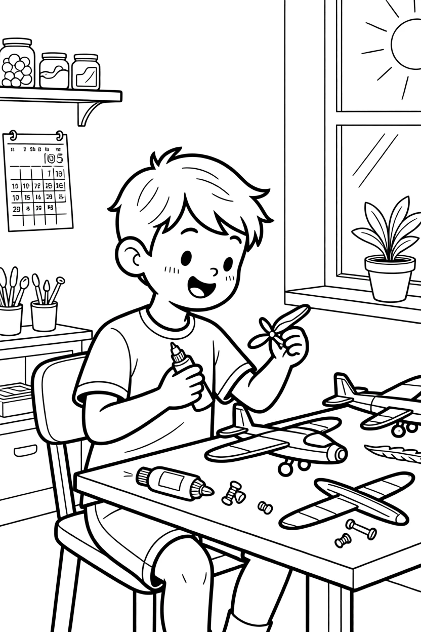 [Hobbies] a boy building a model airplane carefully gluing tiny model pieces together in a sunny art studio. In the background, spare parts and glue sit nearby, adding extra fun to explore. Bright colors and textures fill the scene. It all happens during a bright summer day, under clear blue skies.