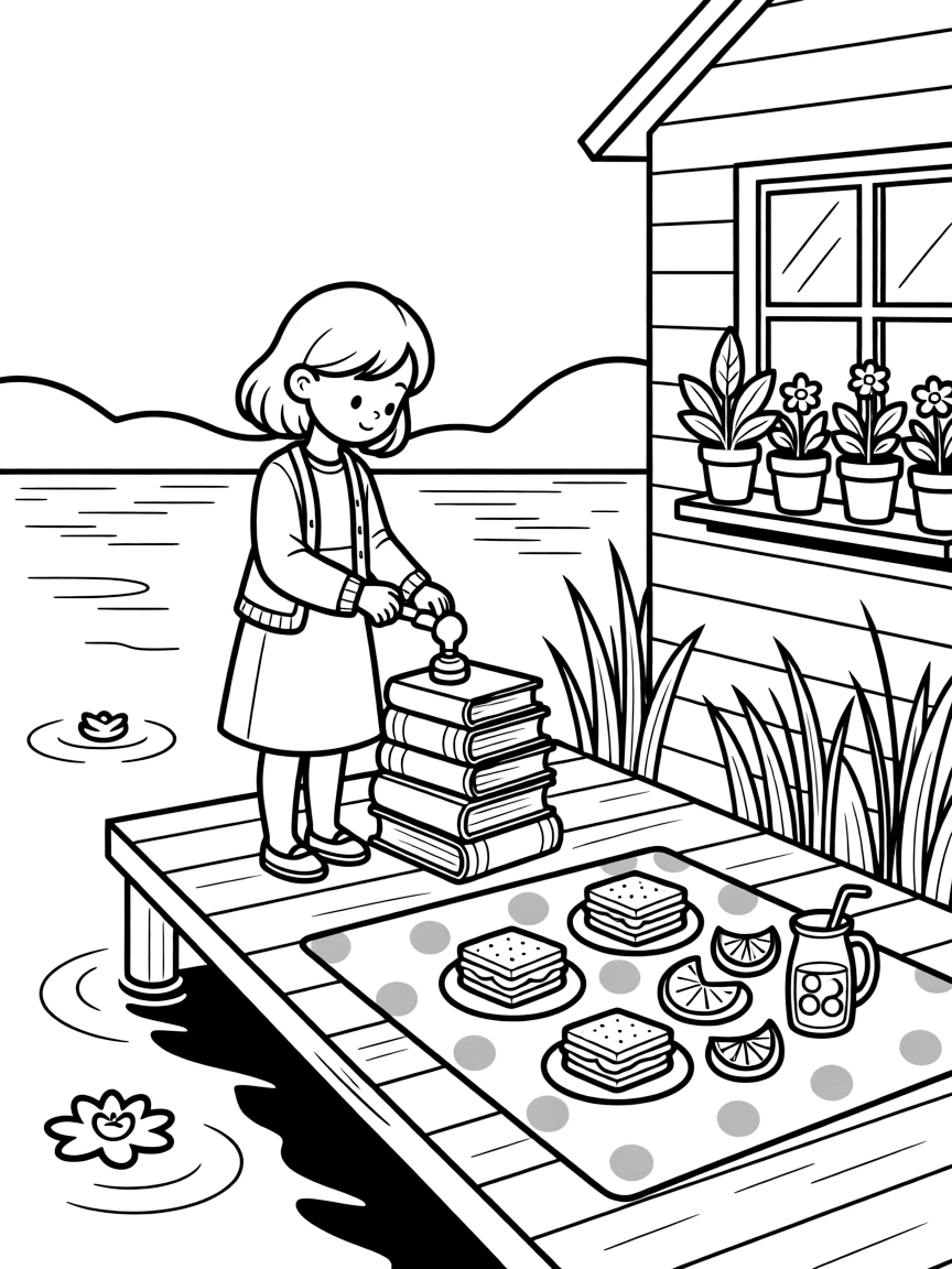 A girl librarian stamping a stack of books is setting out a picnic blanket dotted with treats on a wooden dock by a calm lake. Nearby, a row of potted plants along a windowsill and a gentle breeze rippling through tall grass make the scene feel magical.