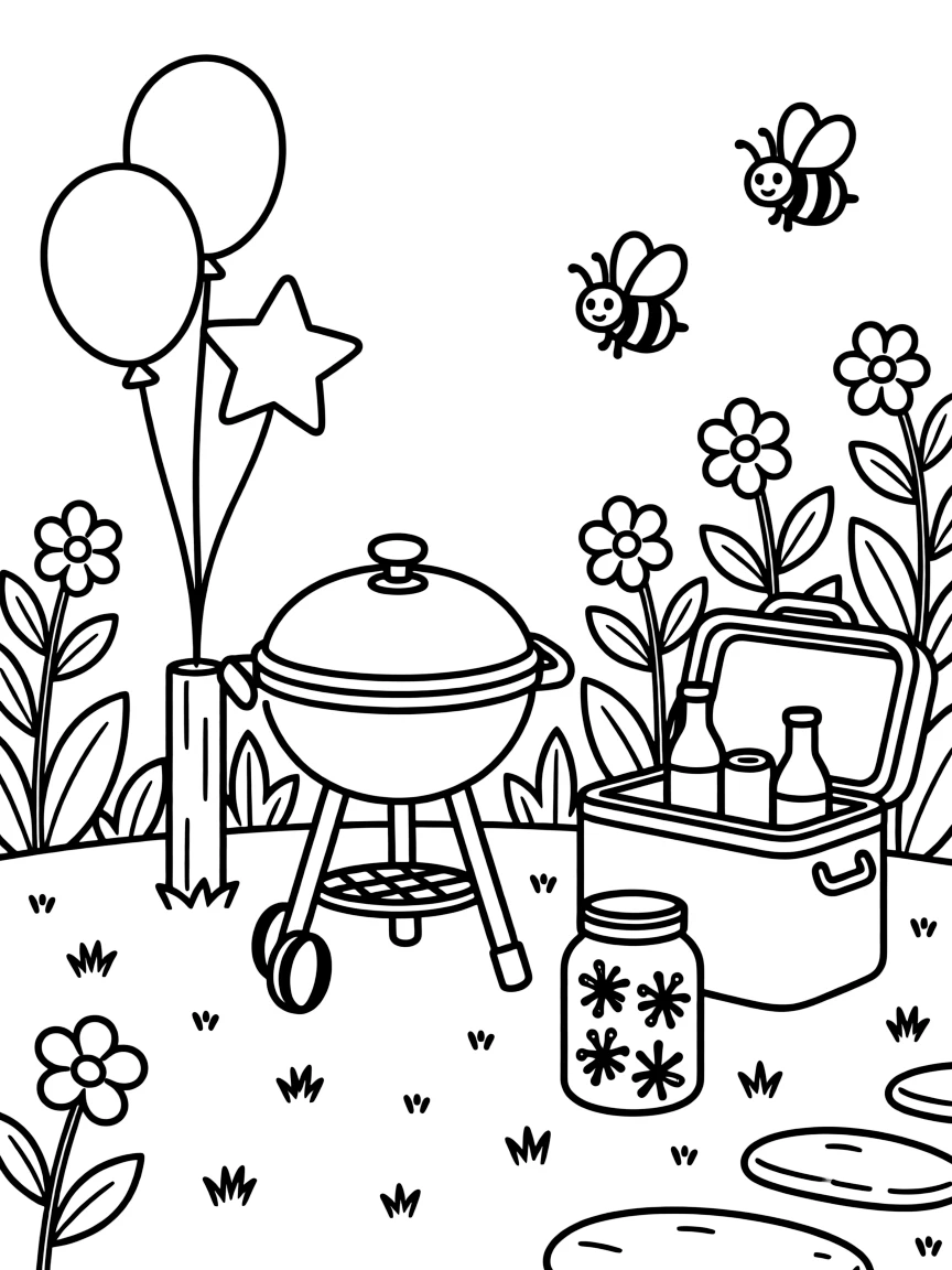 A barbecue grill with balloons tied nearby in a garden buzzing with bees and butterflies, with a cooler stocked with cold drinks and a jar full of fireflies nearby.