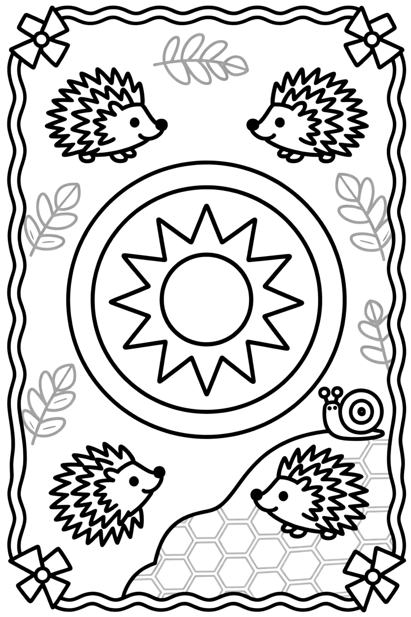 Woodland Animals: The page centers on a repeating motif of a porcupine with quills fanned like a sunburst, built around a set of perfectly matched concentric rings. The motif is placed at each of the four corners in matching pairs, connected by a looping border pattern around the edge. Decorative details fill the surrounding space, including pinwheel blades spinning in place, rows of gentle leaf veins branching outward, and a field of tiny honeycomb cells woven throughout the background. A playful extra touch completes the page: a little snail resting quietly on one of the larger shapes.