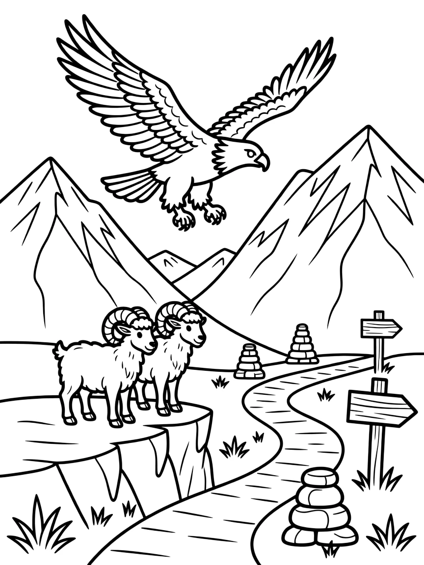 [Mountain Peaks] An eagle soars above jagged cliffs, wings spread wide against the towering mountain backdrop. A pair of mountain sheep with curled horns stand on a narrow ledge overlooking a deep valley. Jagged rock formations rise beside a winding trail marked with cairns and wooden signposts. Late afternoon light glows across the ridgeline, casting long shadows over the rocky trail.