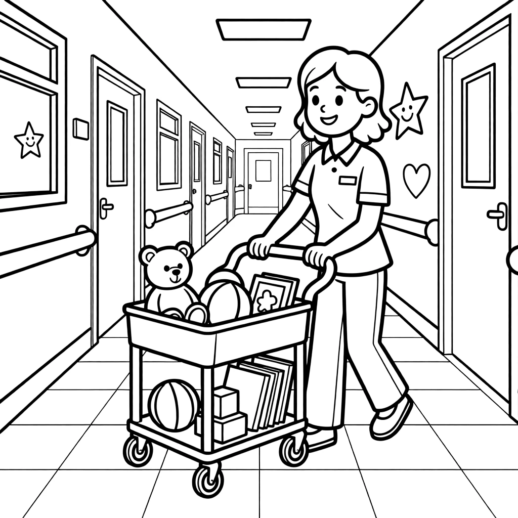 A hospital volunteer pushes a cart of toys and books down a children's ward hallway.