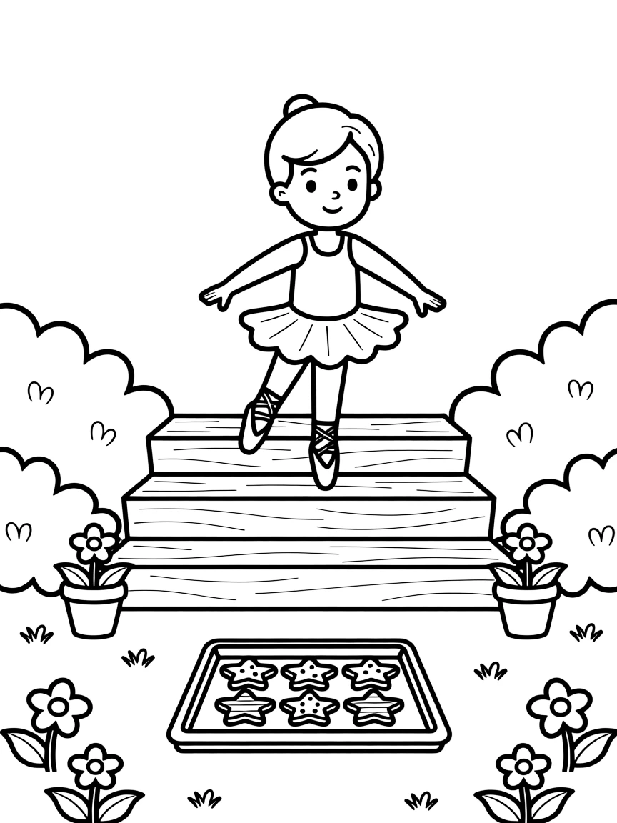An older brother dancing ballet alone on the front porch steps, deeply focused, as star-shaped cookies cool on a tray.