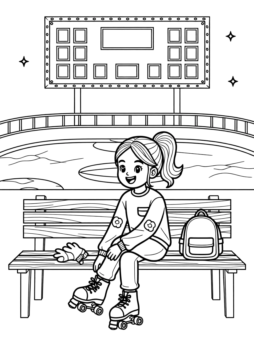 An energetic girl with a big smile, lacing up skates on a bench beside a rink with a giant scoreboard overhead.