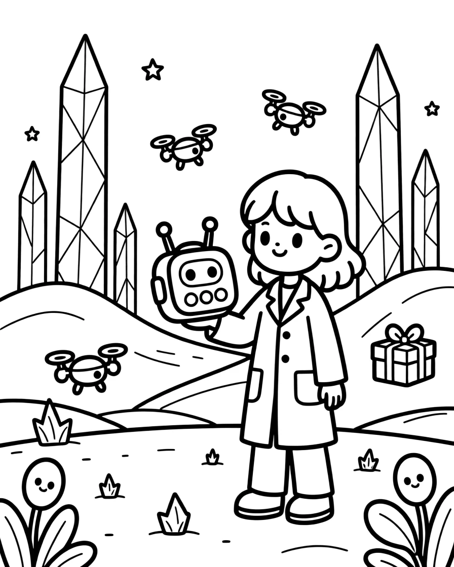 In a shimmering ice planet dotted with crystal spires, Yela, a curious alien scientist showing off a new invention at the young inventors' fair, while tiny drones buzzing around delivering packages adds to the excitement.