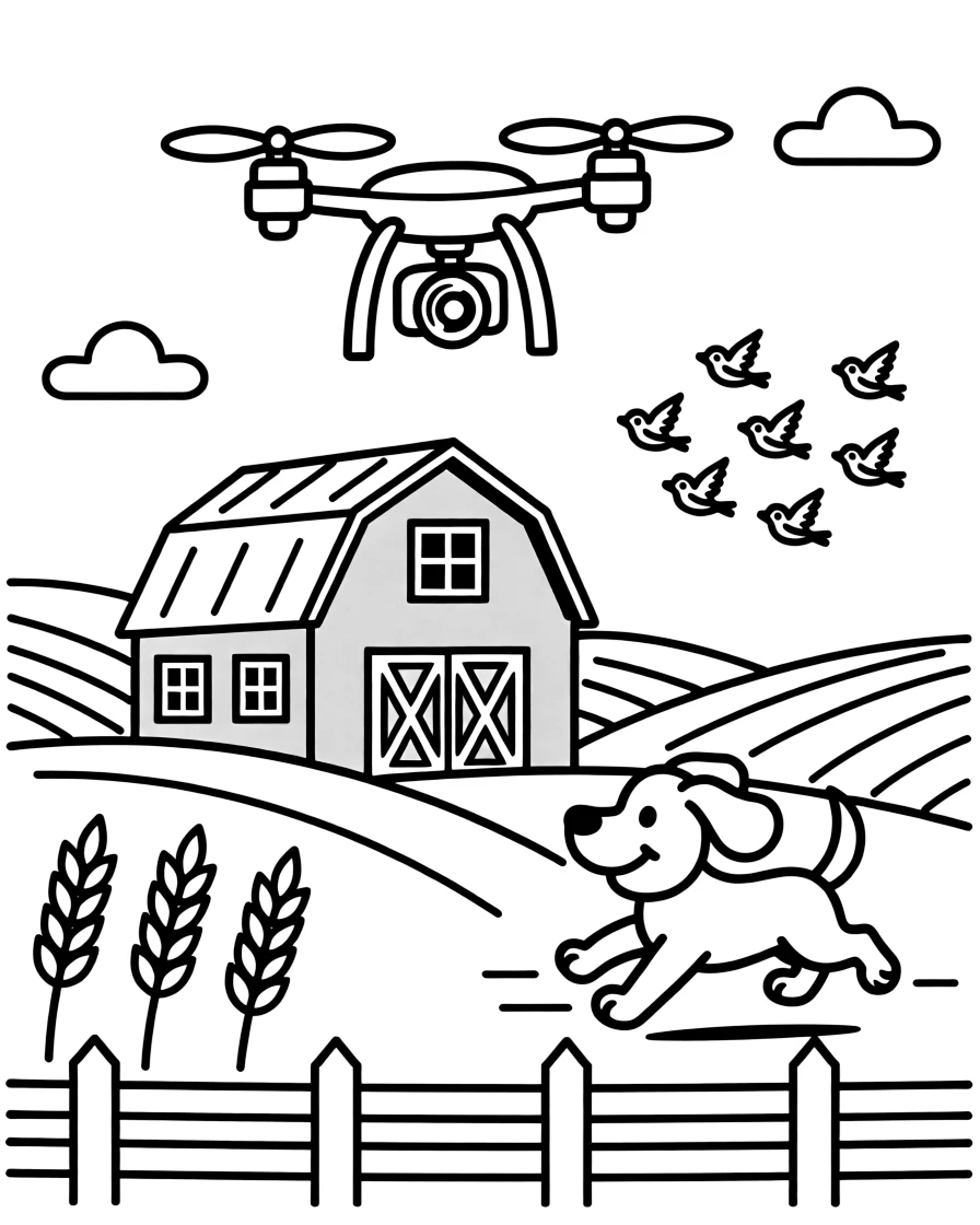 A buzzing camera drone hovering over a park is shown journeying through a sunny farm with a red barn and rolling wheat fields, with a friendly dog with its ears flapping in the wind close by and a flock of birds flying alongside in formation completing the lively scene.