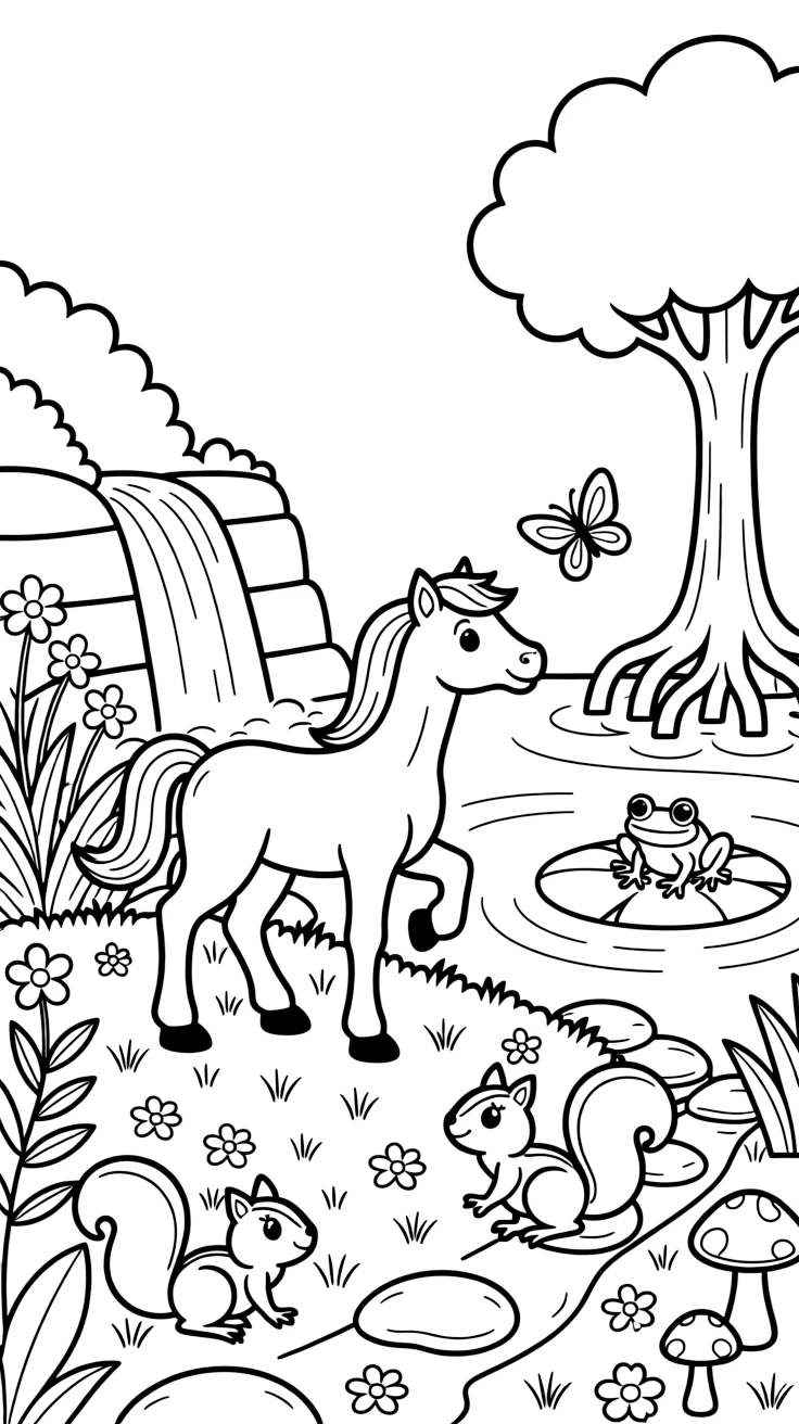 A foal near a waterfall, chasing butterflies through the garden with a chipmunk, next to a mangrove forest, while a curious frog watches from a lily pad.