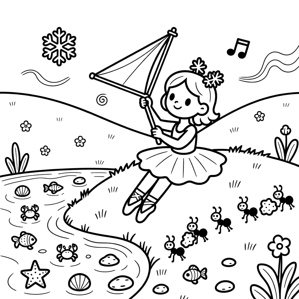 A wide-eyed snowflake ballerina takes a break from adventures to try flying a homemade glider off a grassy hill at a tide pool bustling with tiny sea creatures, with a line of ants carrying a picnic crumb close behind. Giggles echo happily through the whole valley.