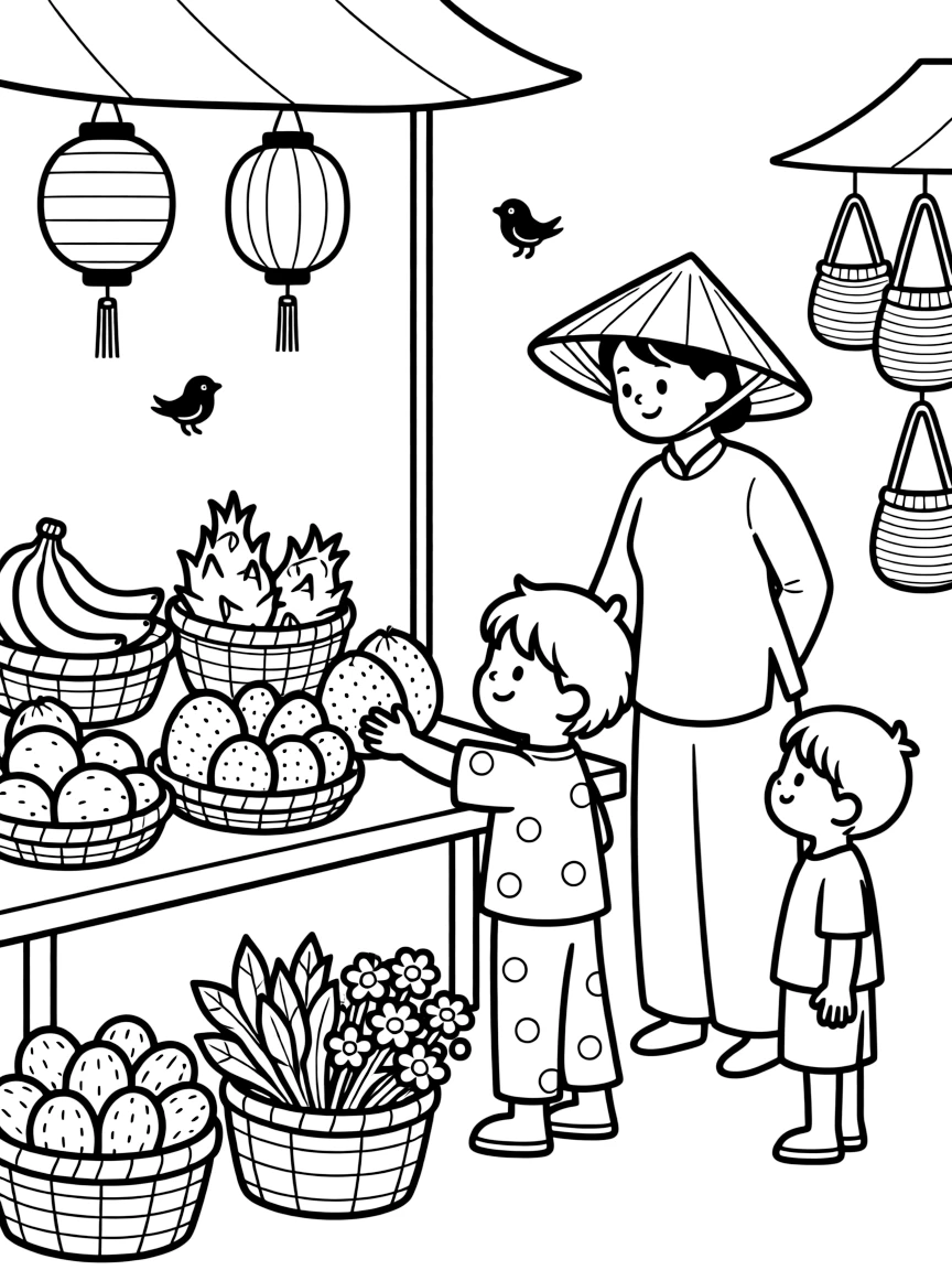 A coloring page of a child in Vietnam enjoying a farmer's market stall with a woman wearing a conical non la hat, surrounded by colorful supplies and a curious sibling watching closely.