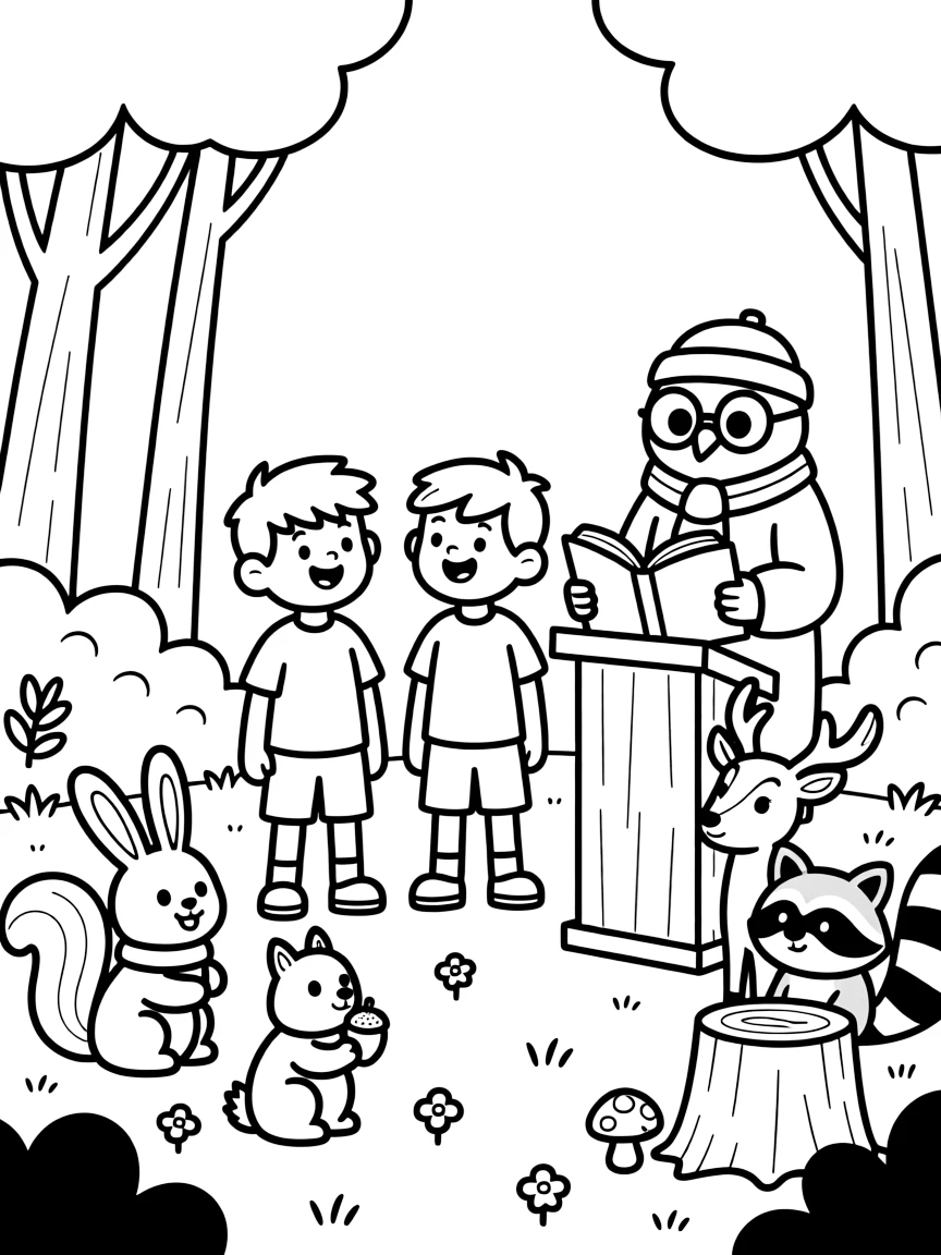 giggling twin brothers meet a wise old owl professor teaching a class of woodland animals.