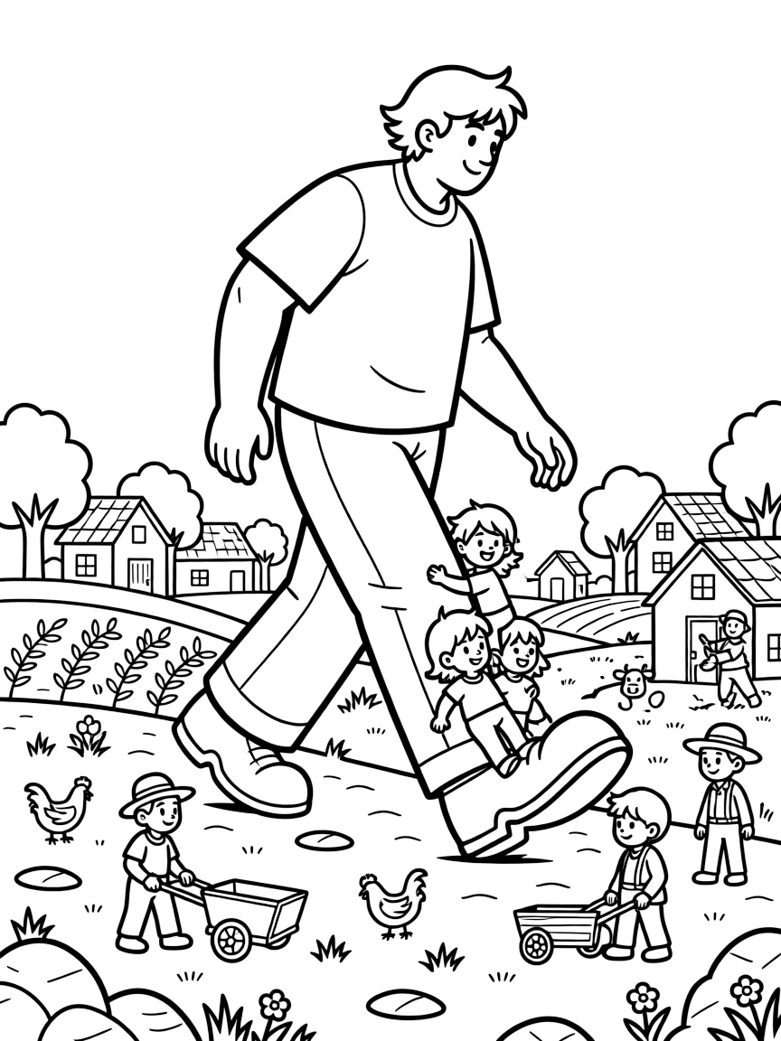 A wandering giant carefully steps over a village, careful not to disturb the tiny farmers, while children climb onto his boots for a ride.
