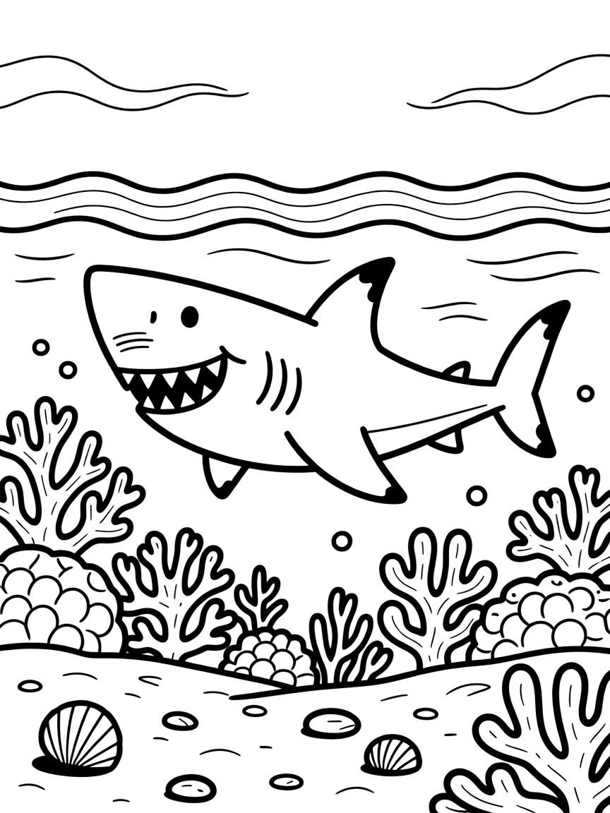 [Sharks] a powerful great white shark gliding past a coral reef beneath crashing ocean waves. In the background, coral formations rise from the ocean floor, adding extra fun to explore. Rows of teeth show a friendly, non-scary grin. It all happens during a bright summer day, with a light breeze blowing.
