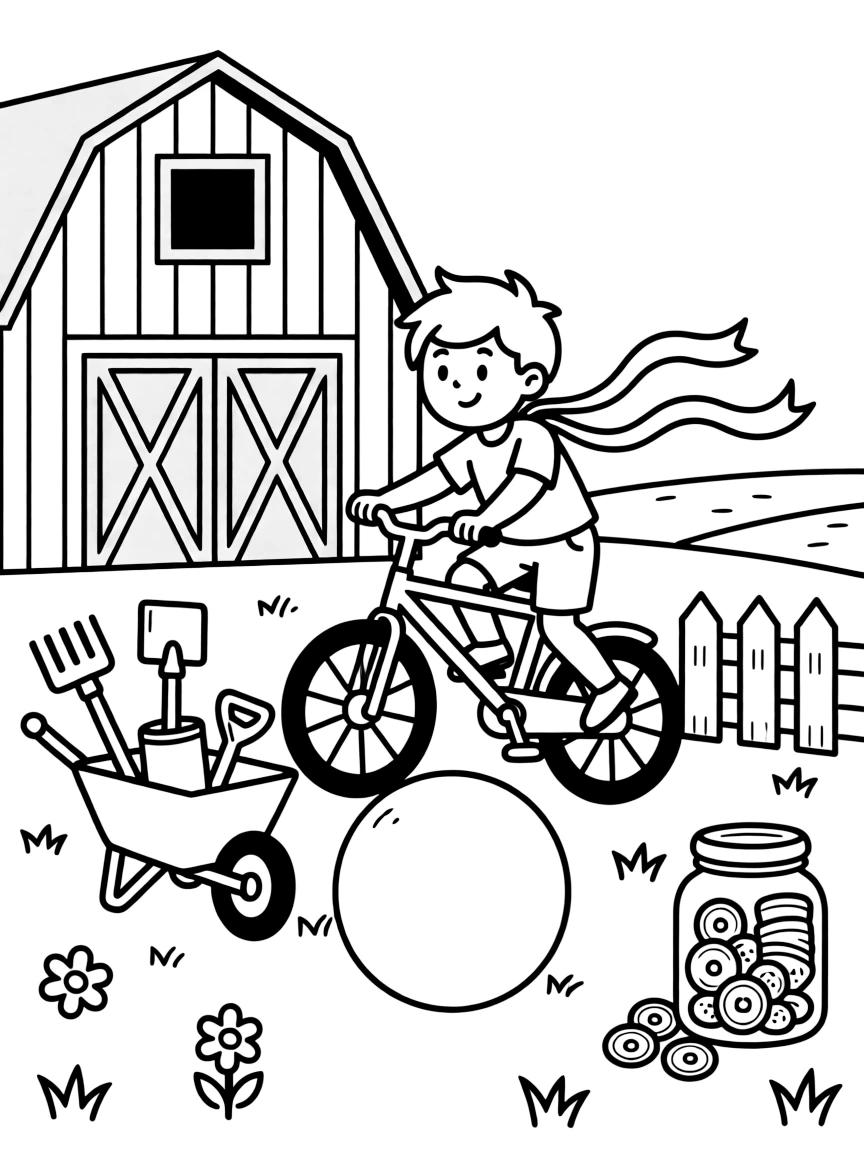 A young circus performer balancing on a big ball is riding a bicycle decorated with streamers on the handlebars on a farm beside a big red barn. a wheelbarrow filled with garden tools and a jar of colorful buttons and ribbons add a playful, cheerful touch.