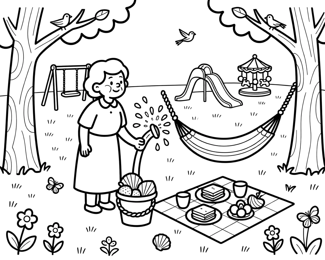 A cheerful grandmother admiring a park full of games and a picnic spread in a backyard with a colorful sprinkler running, near a seashell collection in a bucket and a hammock strung between two trees.