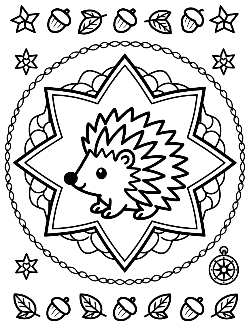 Woodland Animals: The page presents a small themed scene built around a porcupine with quills fanned like a sunburst, tied together by an eight-point star mandala framing the design. The scene is placed centrally within a scene bordered top and bottom by mirrored rows of smaller matching details. Decorative details fill the surrounding space, including tiny pinwheel stars, a chain of linked heart shapes, and overlapping fish-scale textures woven throughout the background. A playful extra touch completes the page: a tiny compass shape resting in one corner of the design.