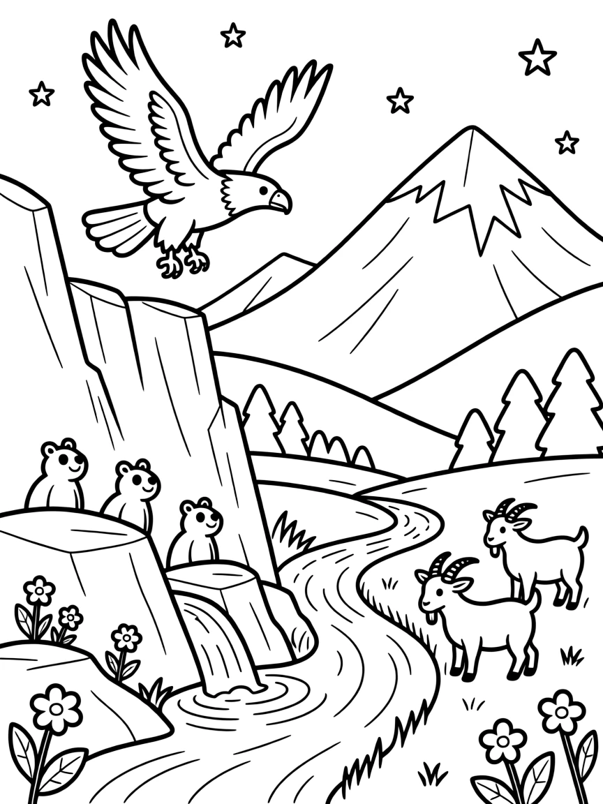 [Mountain Peaks] An eagle soars above jagged cliffs, wings spread wide against the towering mountain backdrop. Below, marmots poke their heads out from between the rocks, watching a family of goats graze nearby. Patches of wildflowers grow between boulders near a bubbling spring that feeds a mountain stream. Stars begin to appear above the peaks as the valley below settles into evening calm.